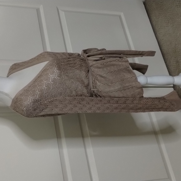 Grace Karin Taupe Open layer sweater with waist tie crochet long sleeve size XL - Picture 3 of 11